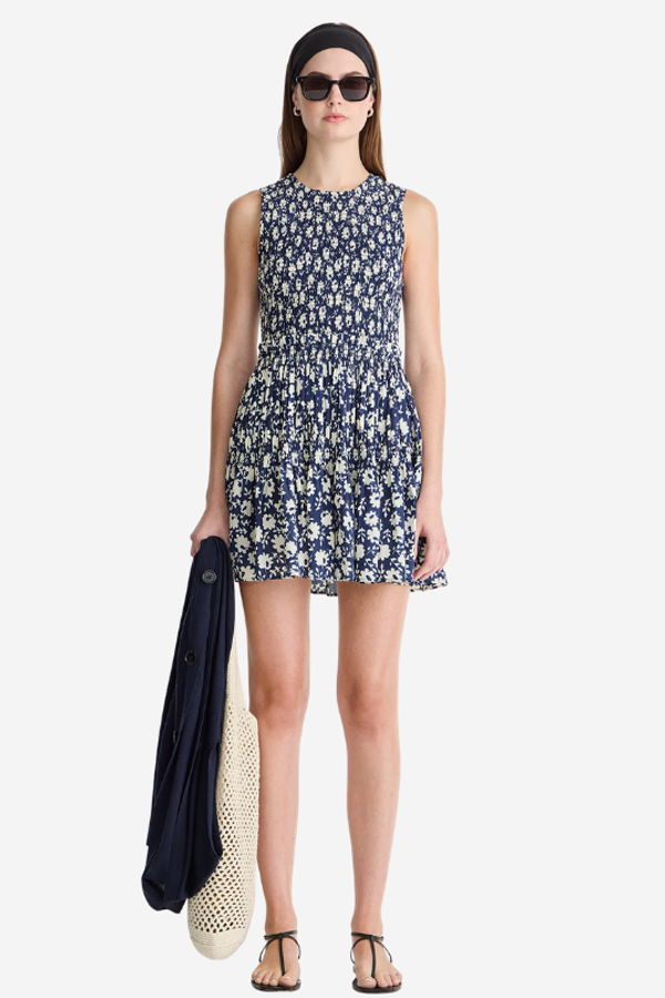 Apiece Apart Lore Smocked Mini Dress - Navy Floral Stamp