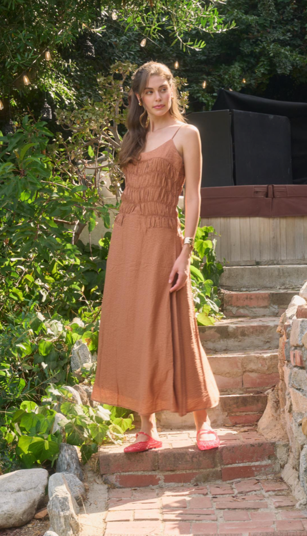 terracotta midi dress Cotton Gauze Ruffle Dress- with a shirred waist TFNC Bridesmaid one shoulder midi