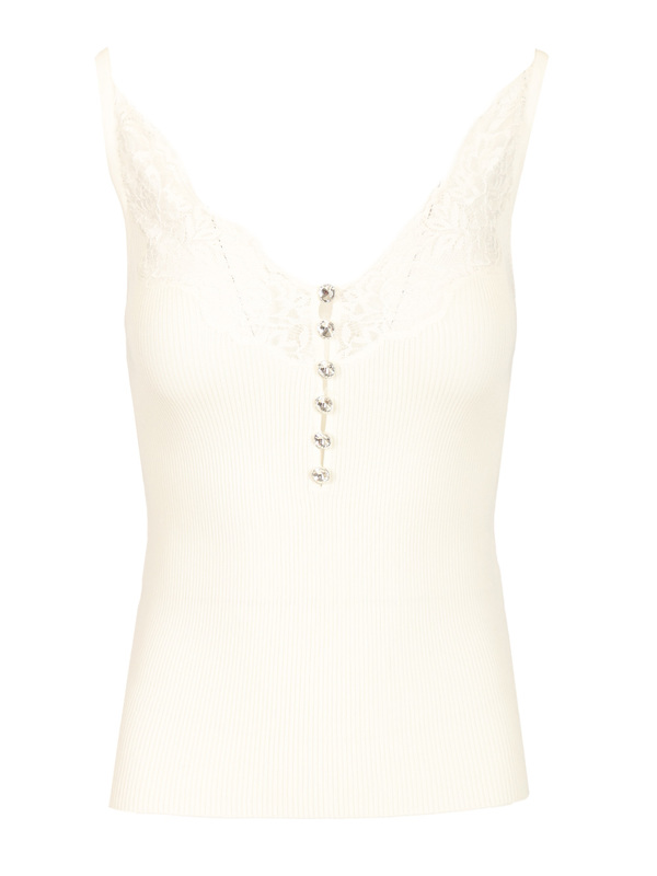 Self-Portrait Lace Rib Knit Top - White | Garmentory