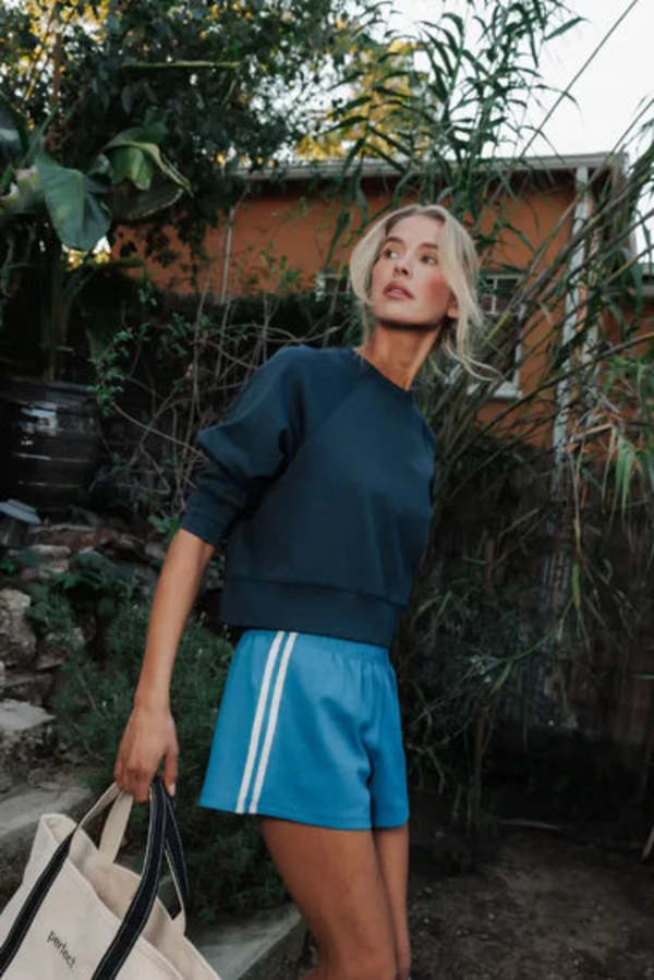 Perfect White Tee Sport Short With Side Stripe - Cobalt