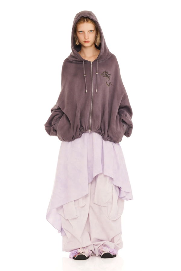 Collina Strada Charcoal Daisies Gathered Zip Up Hoodie