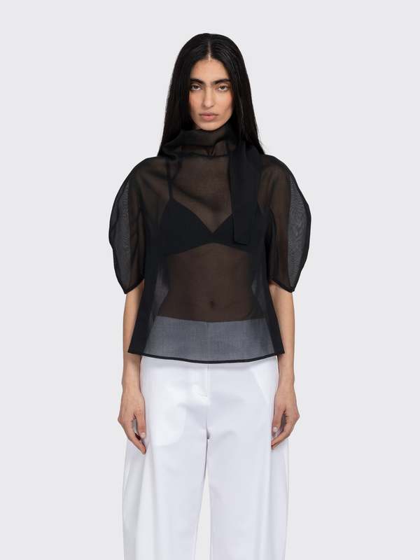 AMOMENTO Knotted Collar Top - Black | Garmentory