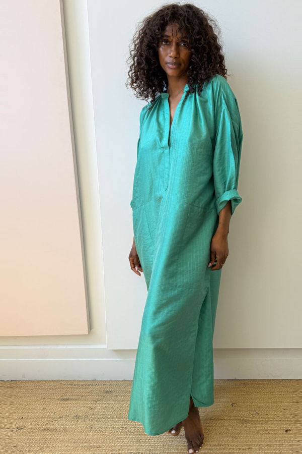 Two Silk Metallic Pinstripe Long Caftan - Green