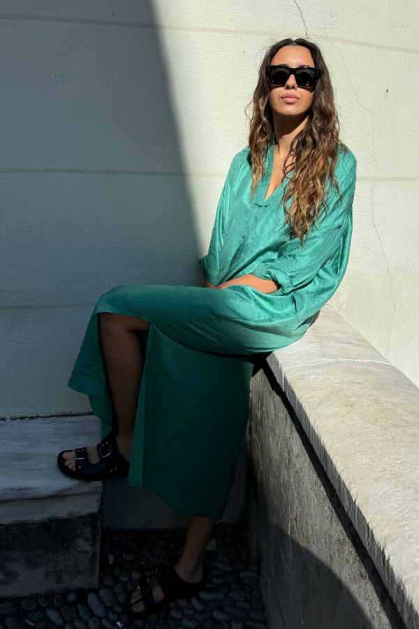 Two Silk Metallic Pinstripe Long Caftan - Green