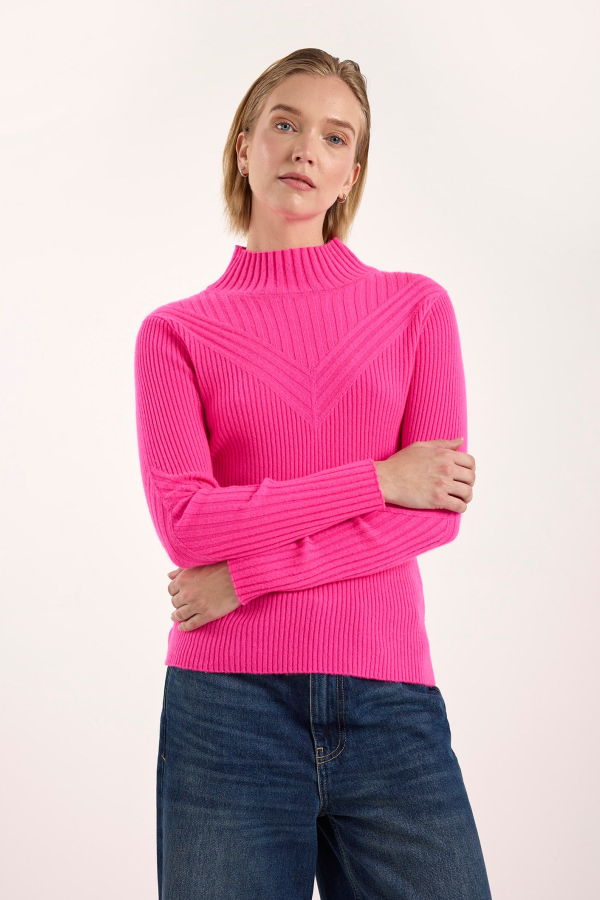 Brodie Cara Chevron Rib Mock Neck Sweater - Diva Pink