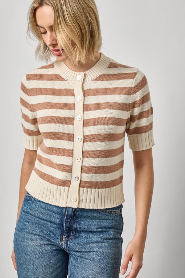 Lilla P. Elbow Sleeve Button Cardigan - Fawn Stripe