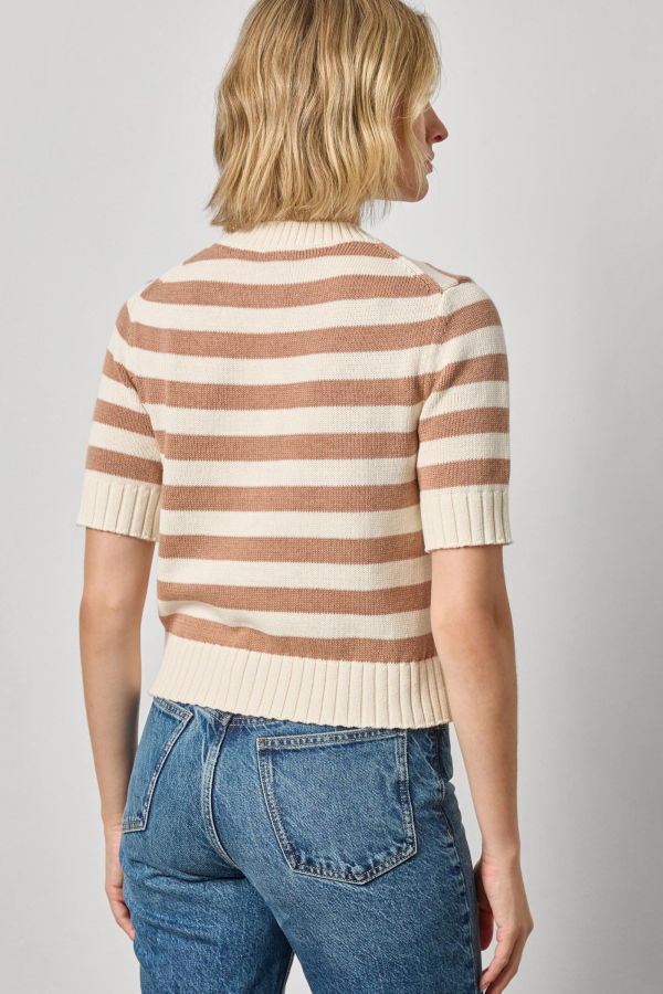 Lilla P. Elbow Sleeve Button Cardigan - Fawn Stripe