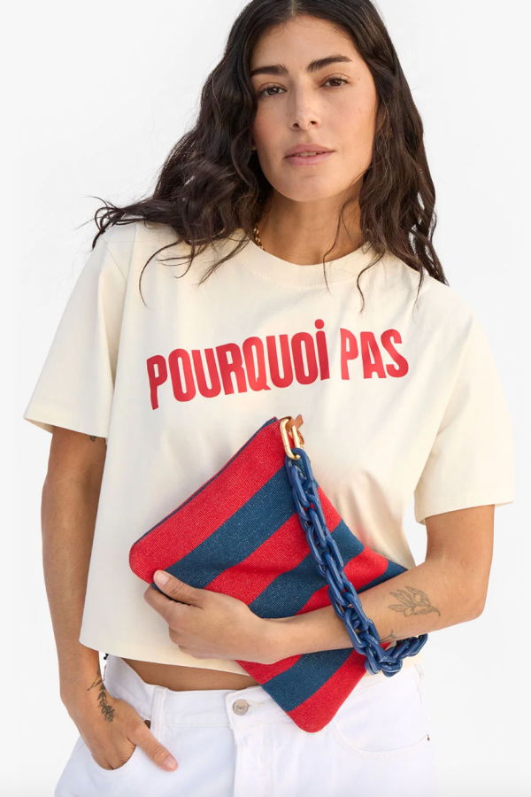 Clare V. Flat Clutch w. Tabs - Poppy/French Blue Canvas Stripe