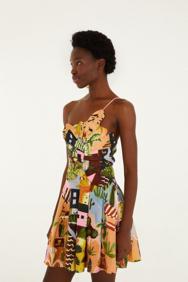 sachin and babi light blue dress Embroidered open-back linen midi dress in blue - Farm Rio main image 1