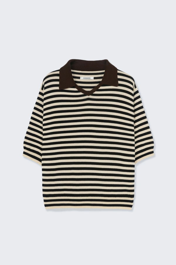 Cordera Organic Cotton V-Neck Polo Stripe Top
