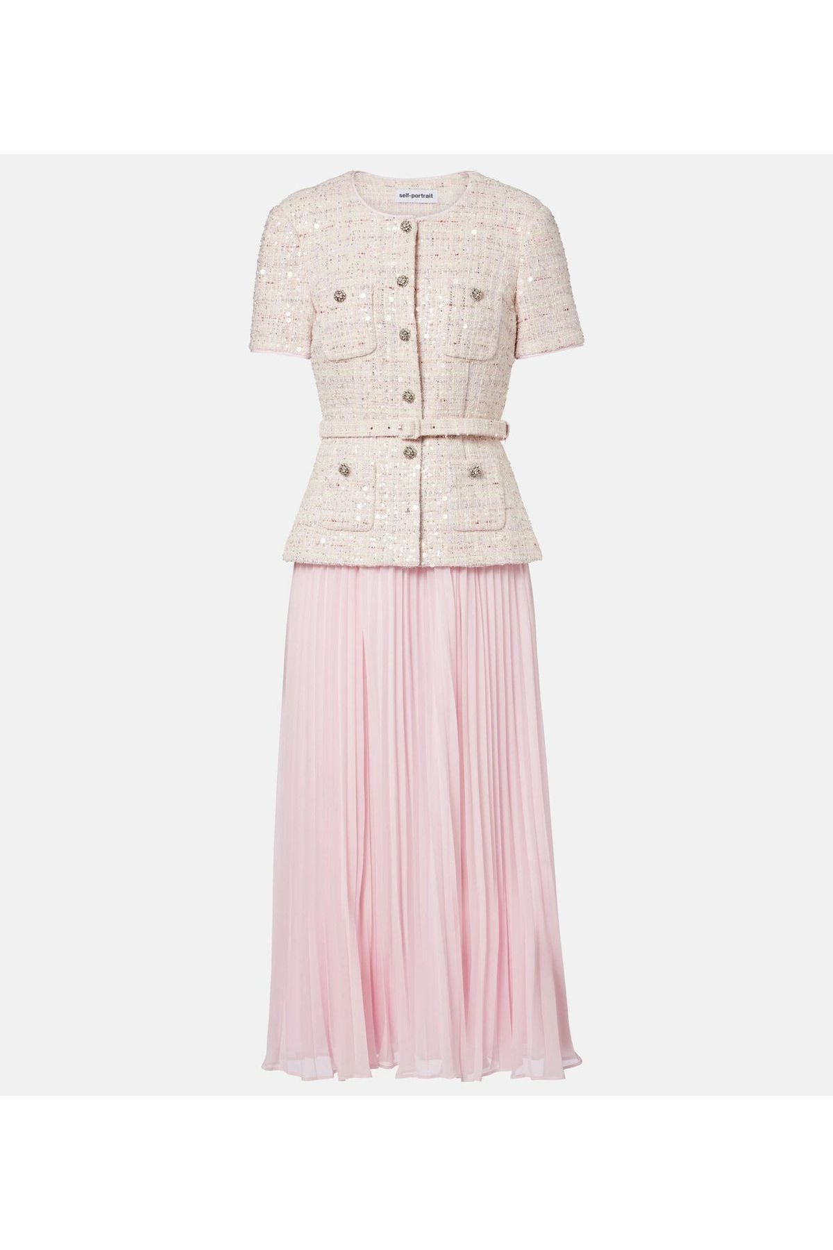 Self-Portrait Pink Sequin Boucle Tailored Midi Dress - Pink 