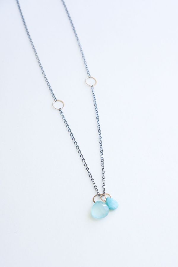 Melissa Joy Manning Two Drop Adjustable Necklace - 14K Yellow Gold/Sterling Silver Turquoise/Blue Chalcedony Melissa Joy Manning Two Drop Adjustable Necklace - 14K Yellow Gold/Sterling Silver Turquoise/Blue Chalcedony