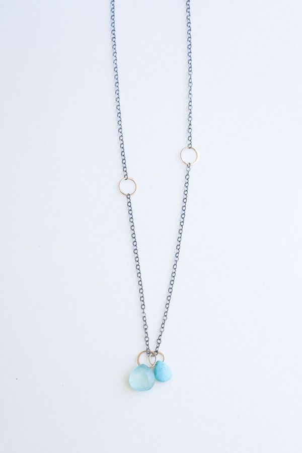Melissa Joy Manning Two Drop Adjustable Necklace - 14K Yellow Gold/Sterling Silver Turquoise/Blue Chalcedony Melissa Joy Manning Two Drop Adjustable Necklace - 14K Yellow Gold/Sterling Silver Turquoise/Blue Chalcedony