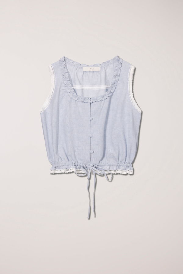 Dunst Frilled Sleeveless Blouse - Soft Blue Check