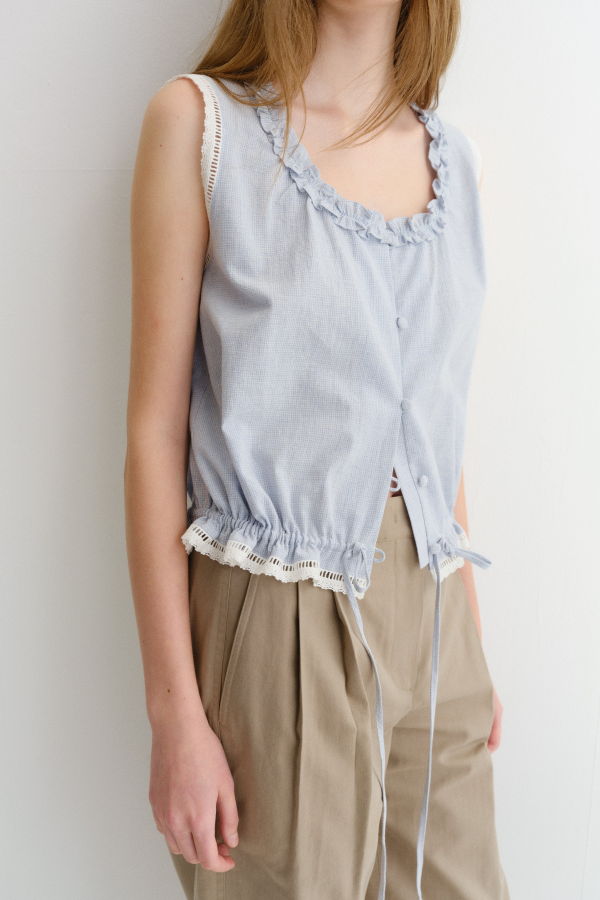 Dunst Frilled Sleeveless Blouse - Soft Blue Check