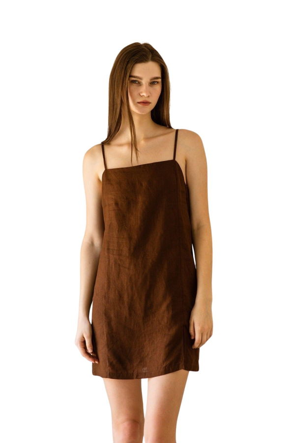 CQC LA Suki Linen Mini Dress - Chocolatey