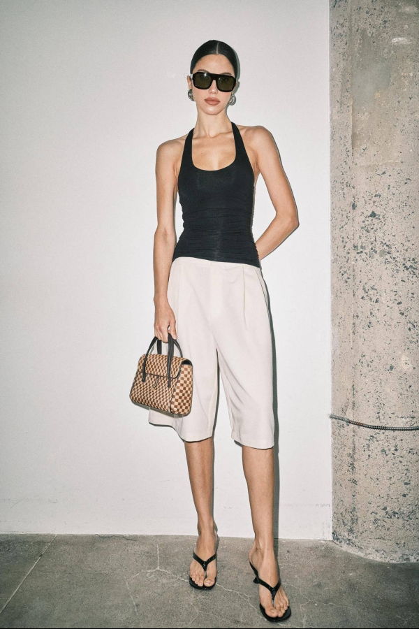 Loucia Sable Pleated Wide Leg Bermuda Shorts