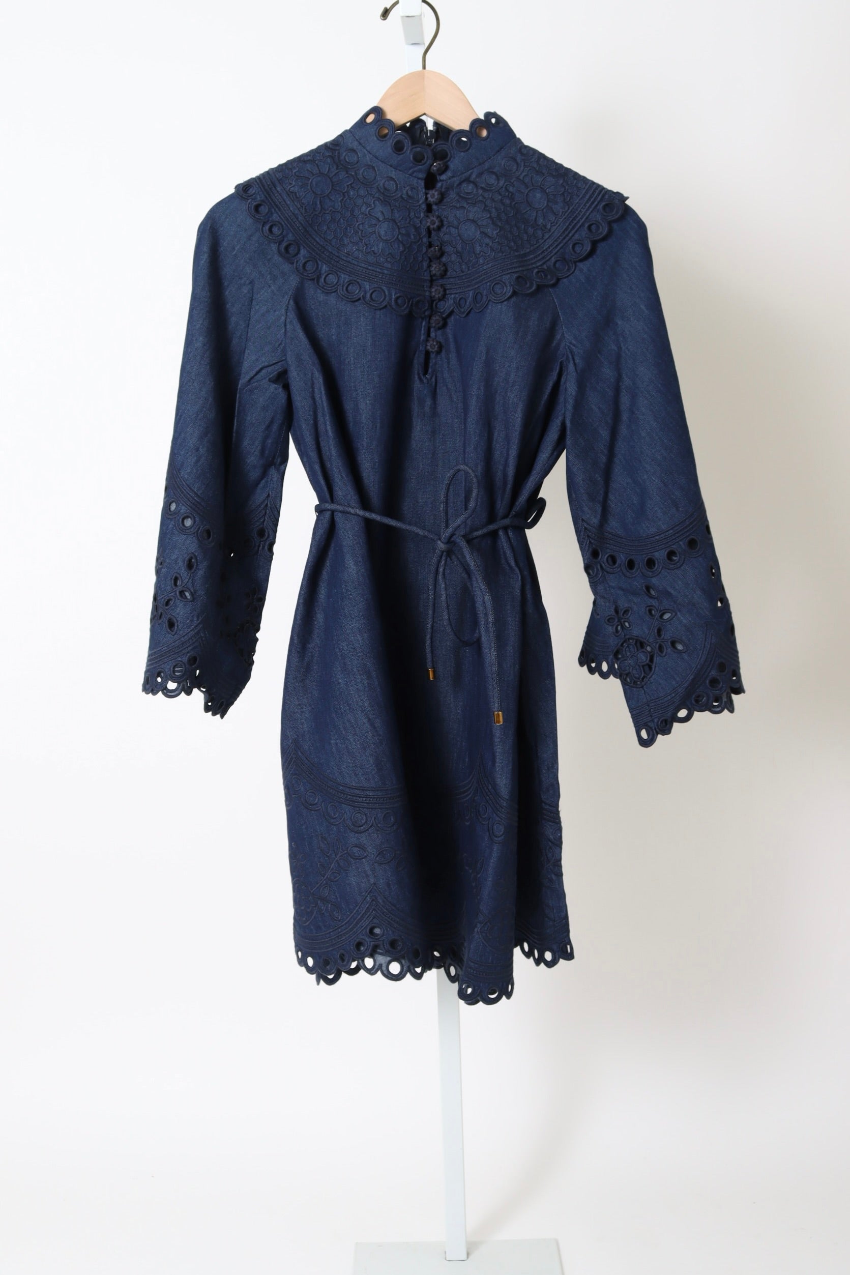 zimmermann denim mini dress Zimmermann Tied-neck Ruffled Denim Mini Dress