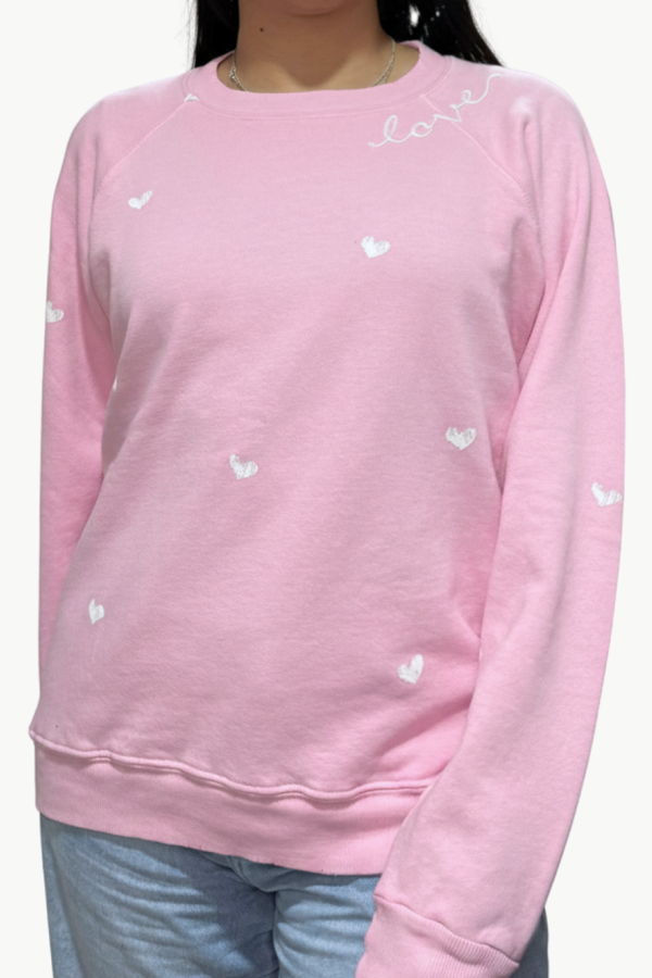 I Stole My Boyfriend's Shirt "Love" With White Hearts Crew Sweatshirt - Powder Pink