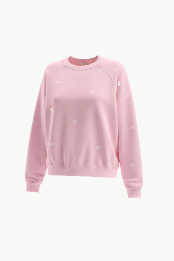 I Stole My Boyfriend's Shirt "Love" With White Hearts Crew Sweatshirt - Powder Pink