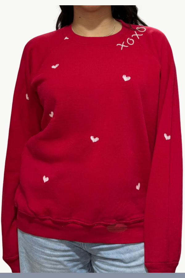 I Stole My Boyfriend's Shirt "XOXO" With White Hearts Crew Sweatshirt - Red