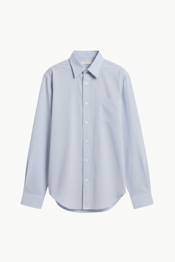 DENIMIST Boyfriend Shirt - Ecru White Navy Pinstripe