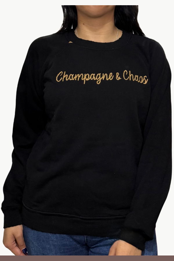 I Stole My Boyfriend's Shirt Champagne & Chaos Crew Sweatshirt - Black/Gold