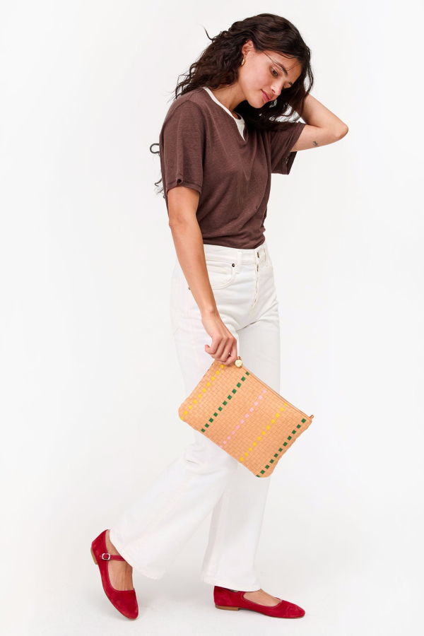 Clare V. Flat Clutch With Tabs - Bisque Woven Checker W/ Stripe