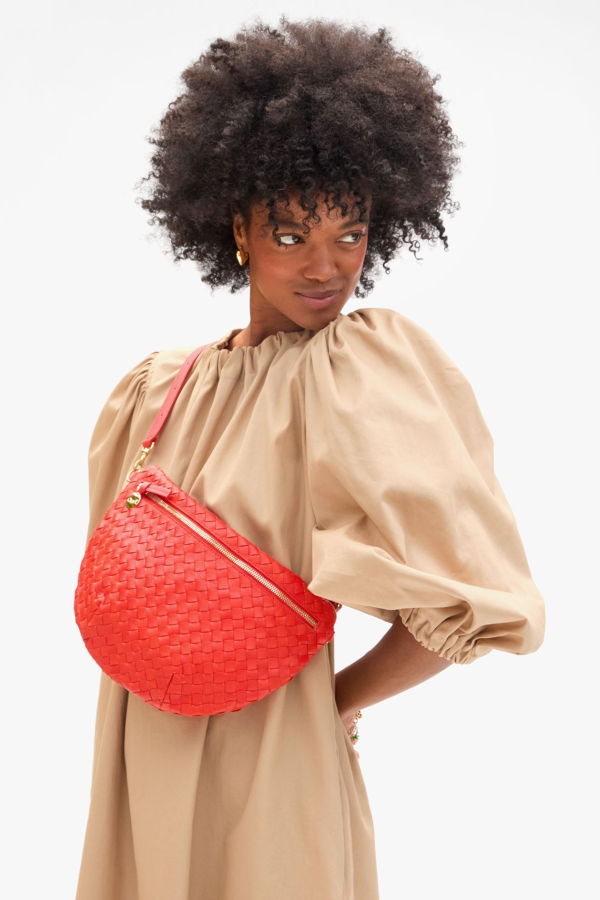 Clare V. Grande Fanny Diagonal Woven Handbag - Bright Poppy