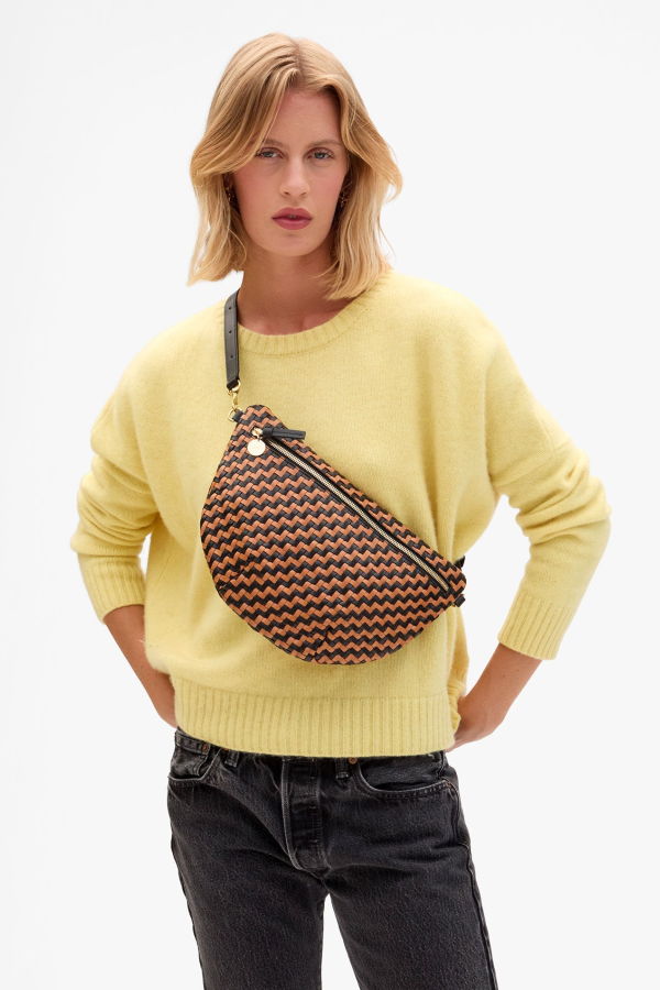 Clare V. Grande Fanny Woven Zig Zag Bag - Black/Natural