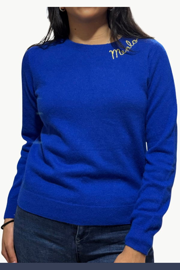 I Stole My Boyfriend's Shirt Menlo Cashmere Crew Sweater - Cobalt Blue/Yellow