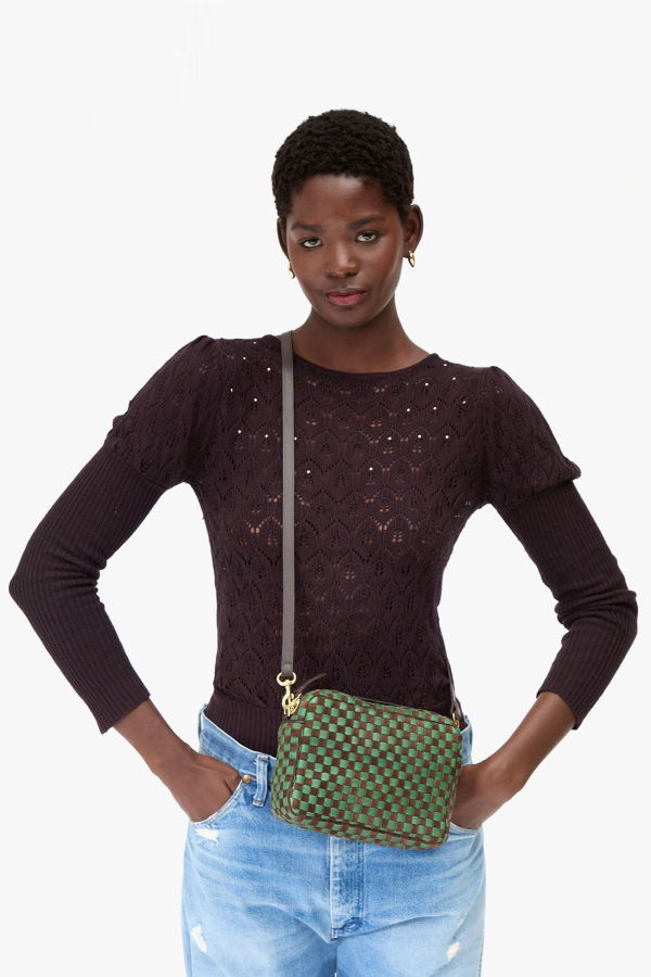 Clare V. Midi Sac Crossbody Bag - Deep Pine/Chocolate Woven Checker