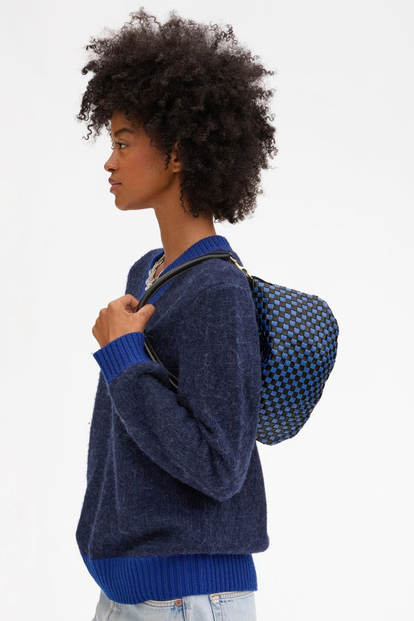 Clare V. Petit Moyen Messenger Bag - Black/Cobalt Woven Checker