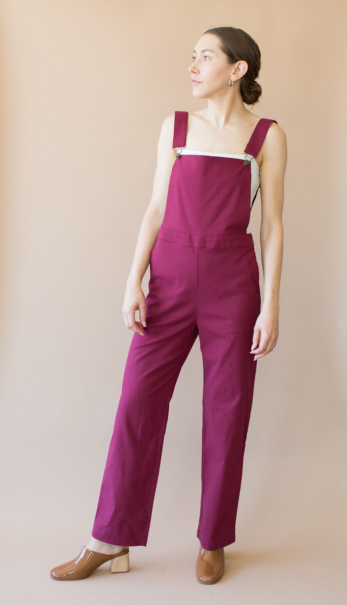 dark purple overalls