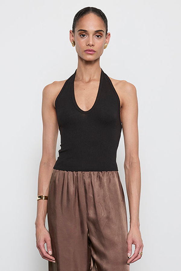Enza Costa Silk Rib U Halter Top - Black