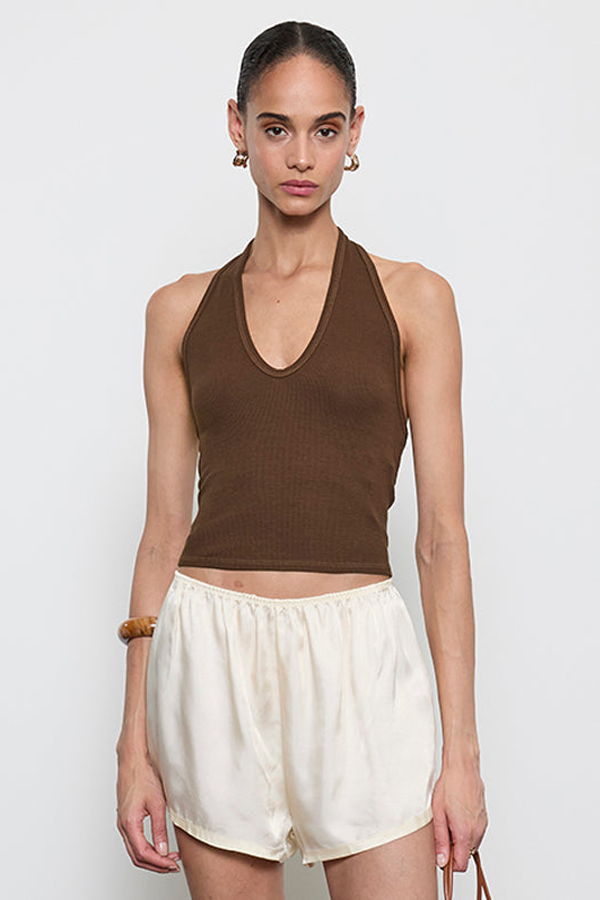 Enza Costa Silk Rib U Halter Top - Chocolate