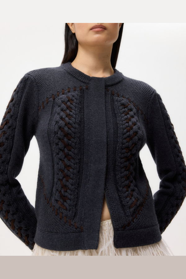 TWP Suede Cable Sweater Jacket - Charcoal