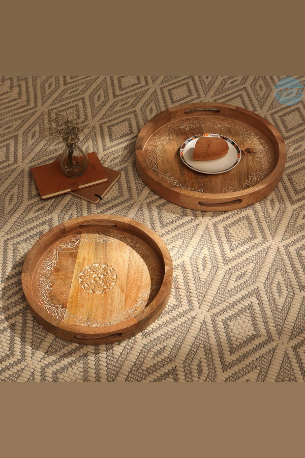 Expo Bazaar Round Mango Wood Serving Tray Set of 2 - Brown