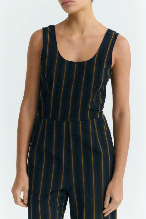 Thinking MU Raflesia Seersucker Jumpsuit - Portbou Brown Stripe