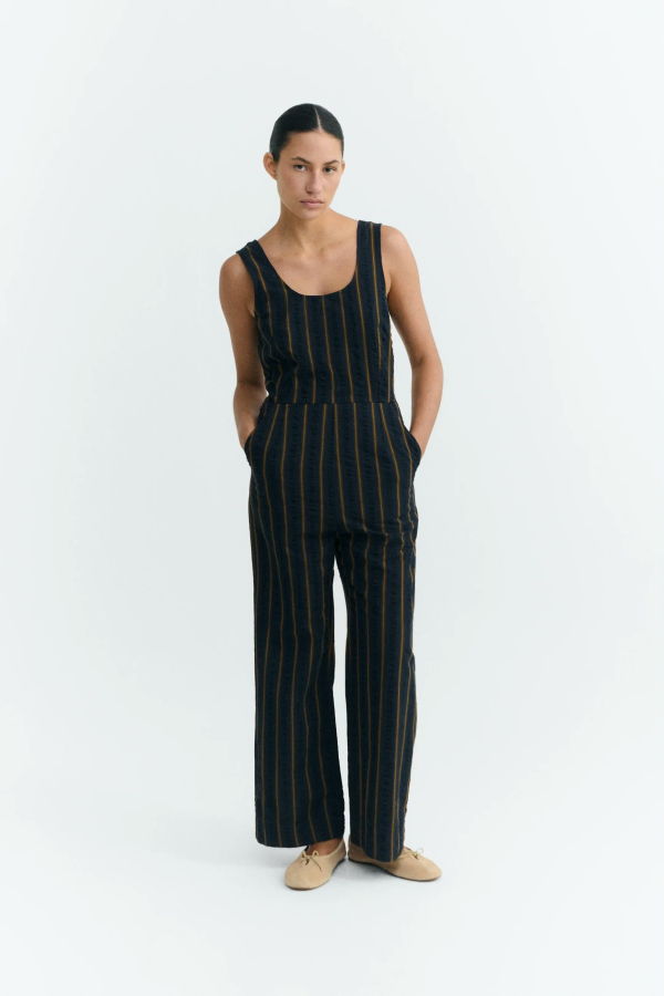 Thinking MU Raflesia Seersucker Jumpsuit - Portbou Brown Stripe