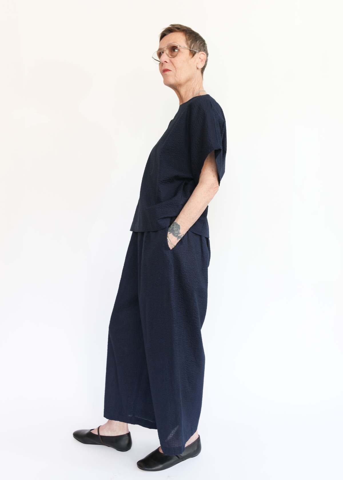 Black Crane Wide Pants w/ Micro Wave Texture - Image 4 of 6