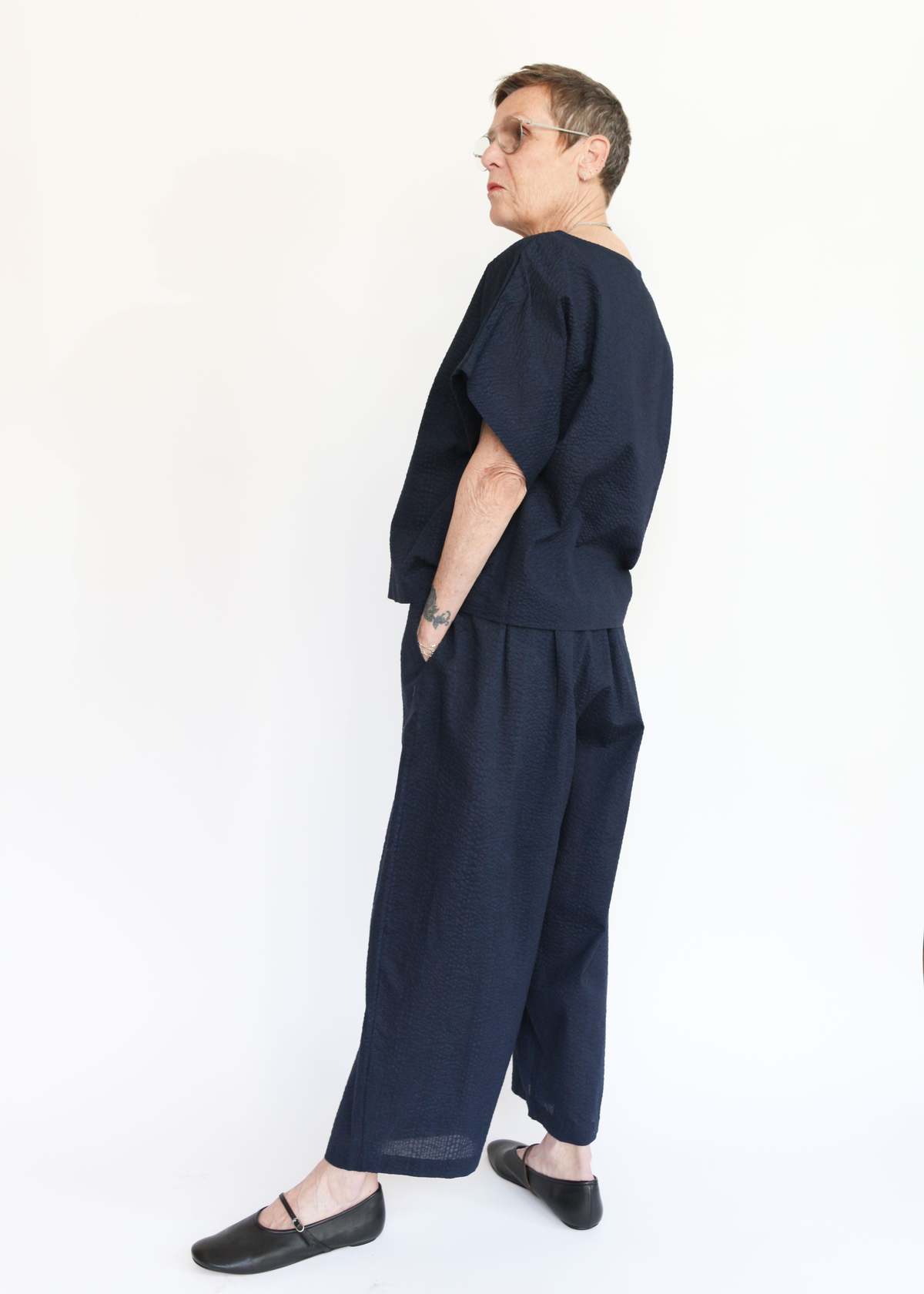 Black Crane Wide Pants w/ Micro Wave Texture - Image 5 of 6