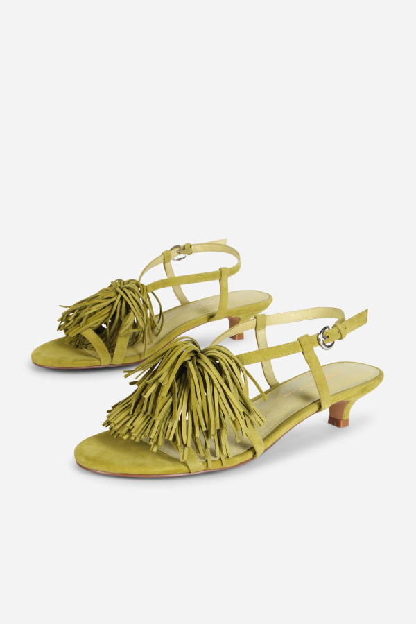INTENTIONALLY __________. Chaperone Fringe Kitten Heel Sandals