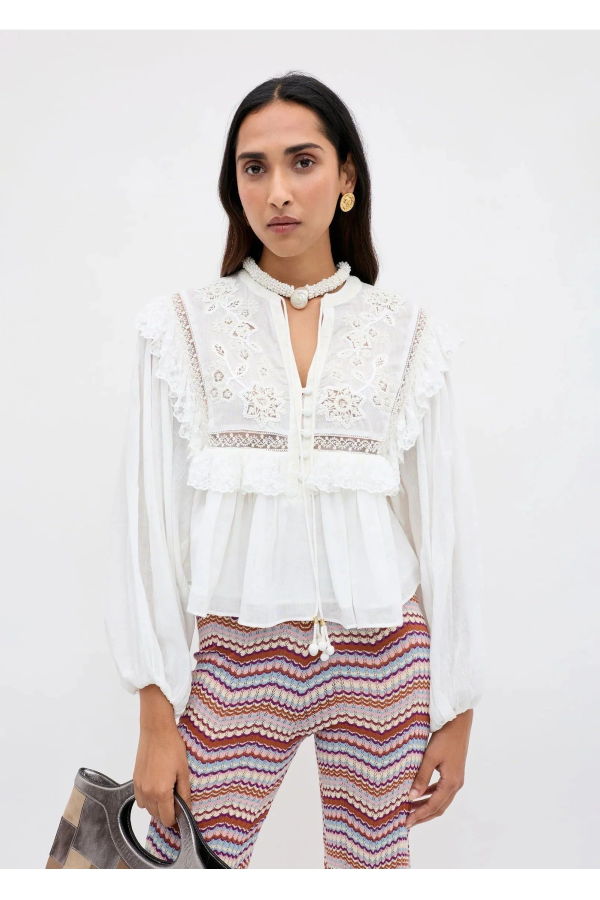 RIXO LONDON Diann Top Lilly Embroidery - Ivory
