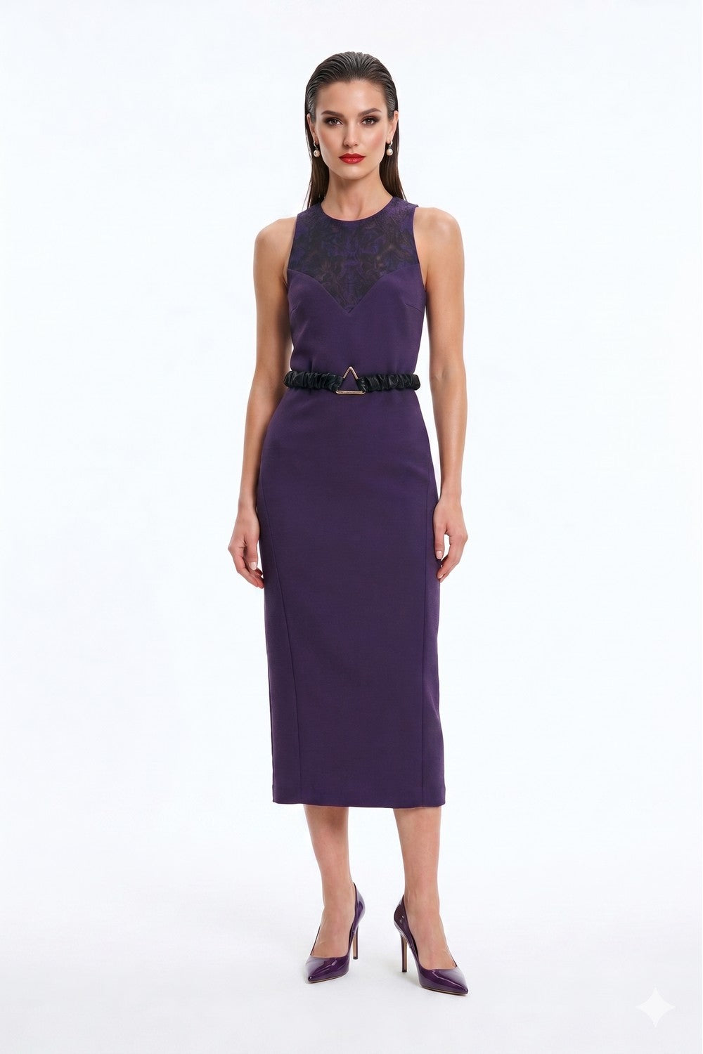 MONOSUIT Sleeveless Crew Neck Backless Lace Belted Bodycon Evening Midi  Dress - Violet | Garmentory