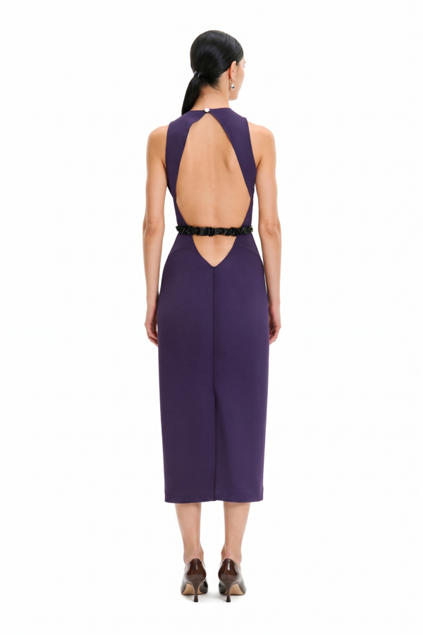 Monosuit Sleeveless Crew Neck Backless Lace Belted Bodycon Evening Midi Dress Violet