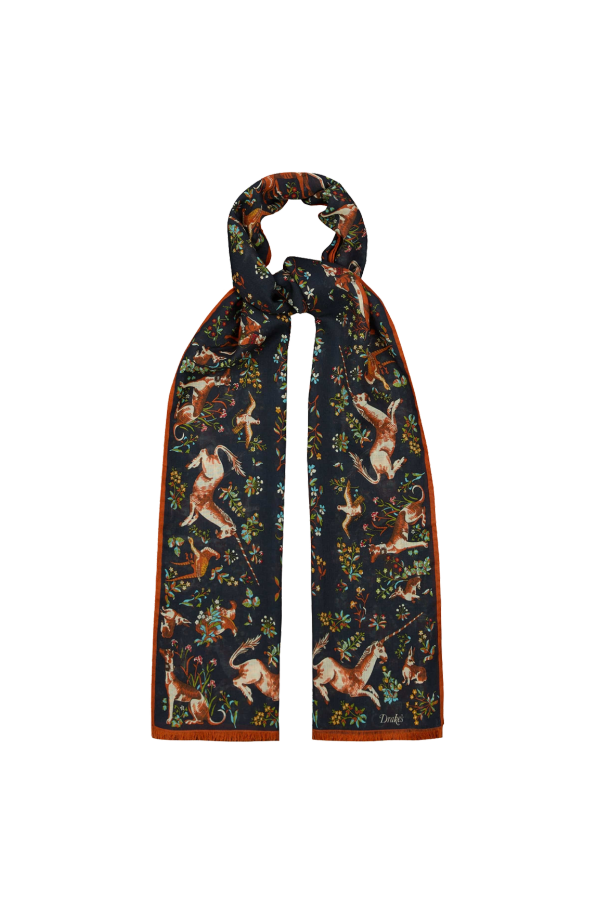 Drake's Unicorn Garden Print Scarf - Navy