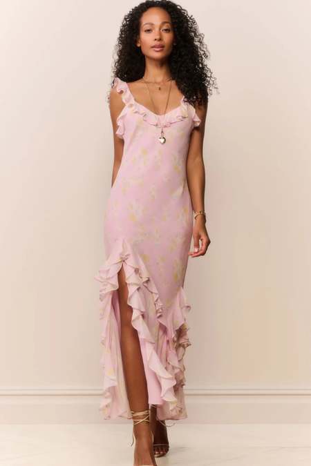 knee length dresses for ladies Rialto Floral Silk Maxi Dress ~ Violet Whimsy main image 1