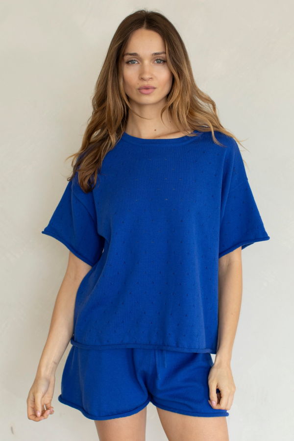 Azalea Zoe Pointelle Knit Set - Cobalt Blue