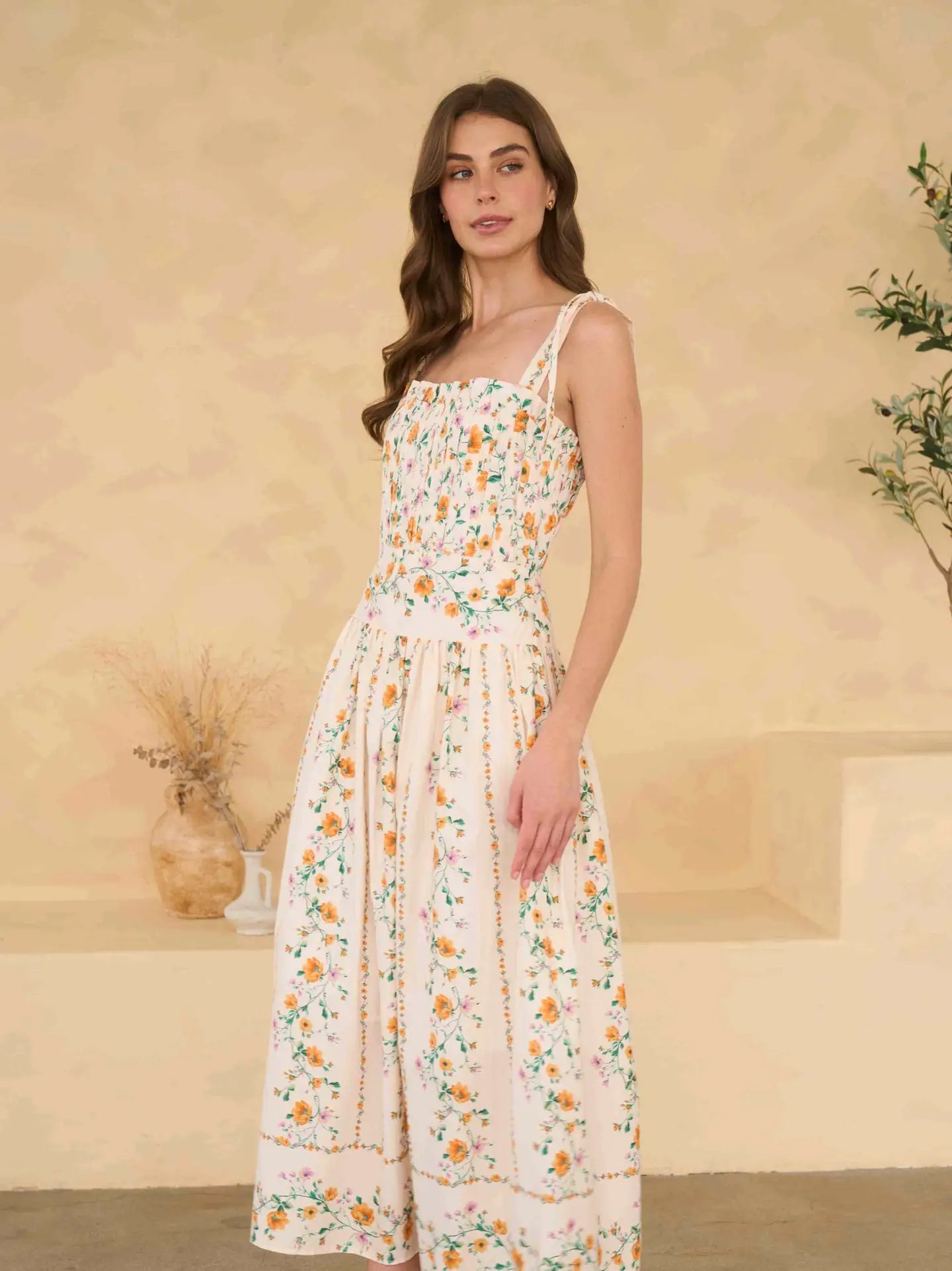 tie strap smocked midi dress Tina Ditsy Floral Tie Strap Smocked Midi Dress